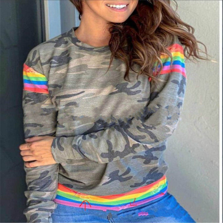 Damen Camouflage Sweatshirt mit kontrastierenden Streifen und Rundhalsausschnitt Drune