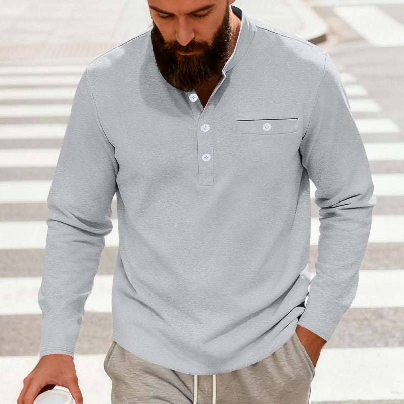 Herren Lässiges Henley-Langarmshirt mit Stehkragen, Brusttasche und abgerundetem Saum Drune