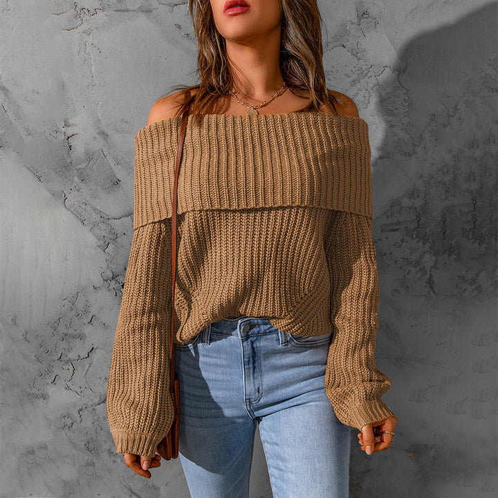 Damen nan weiter Off-Shoulder Grobstrickpullover mit überschnittener Schulterpartie und ballonärmeln Drune