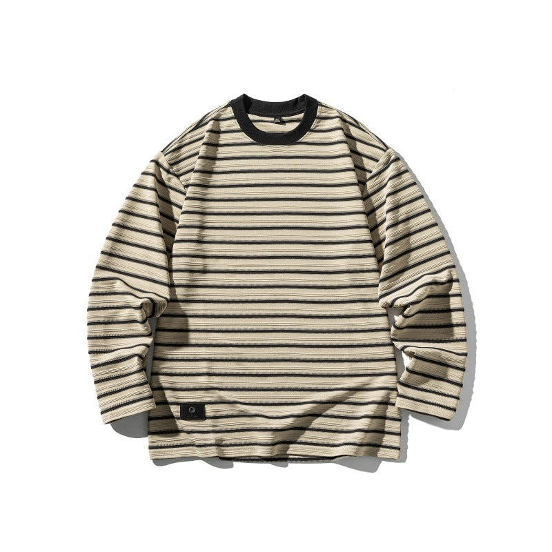 Unisex Gestreiftes Oversize-Langarmshirt aus Baumwollmix mit geripptem Rundhals Drune