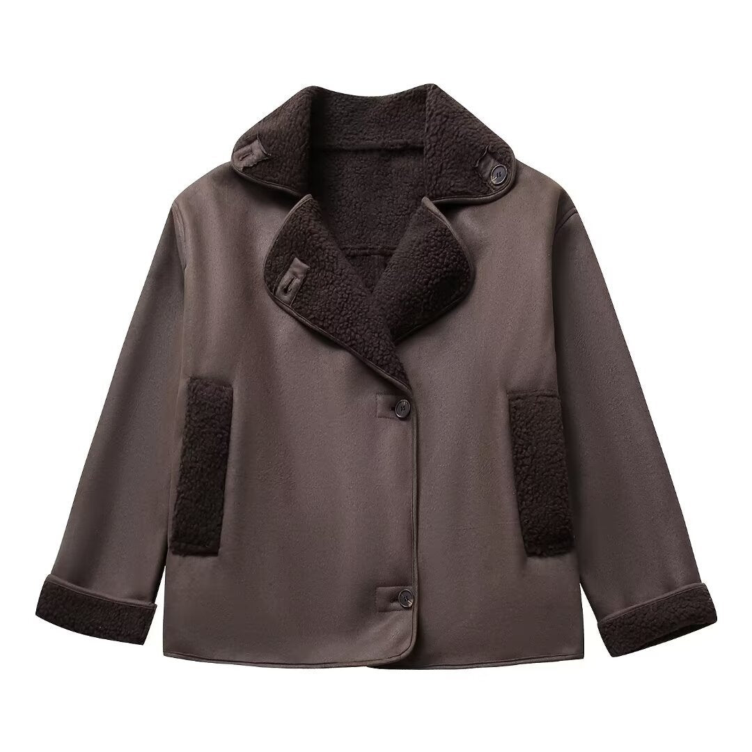 Damen nan kurze Winterjacke mit weichem Teddyfutter, Umschlagkragen und Knopfleiste Drune