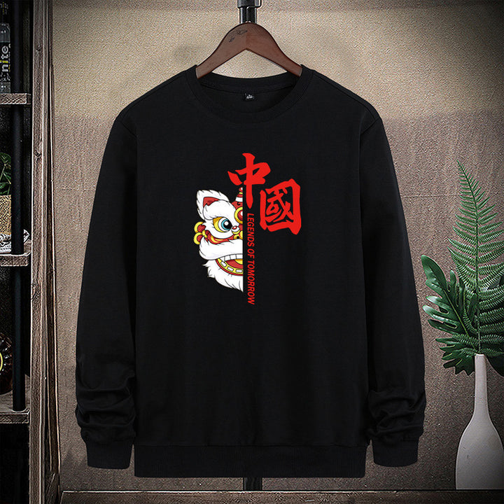 Herren Sweatshirt mit traditionellem Löwentanz‑Motiv und Rundhalsausschnitt Drune