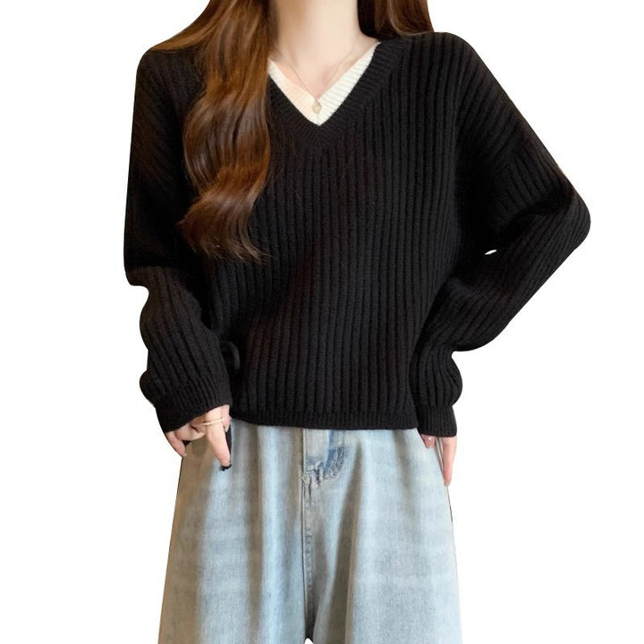 Damen lässiger V-Ausschnitt Pullover mit Rippstruktur und modischen Seitenschnüren Drune