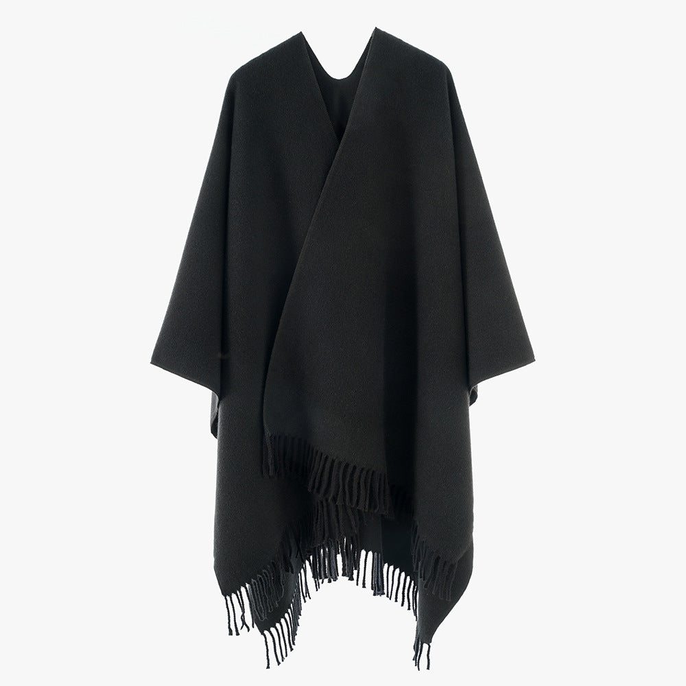 Damen Minimalistischer Wickel‑Capeponcho aus Wollmix mit V‑Ausschnitt und zartem Fransensaum Drune
