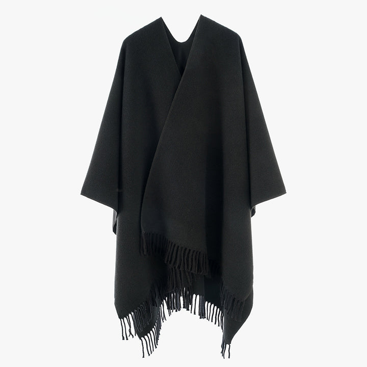 Damen Minimalistischer Wickel‑Capeponcho aus Wollmix mit V‑Ausschnitt und zartem Fransensaum Drune