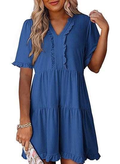 Damen nan leichtes Swingkleid mit V-Ausschnitt, gestufter Rockpartie und zarten Volants Drune
