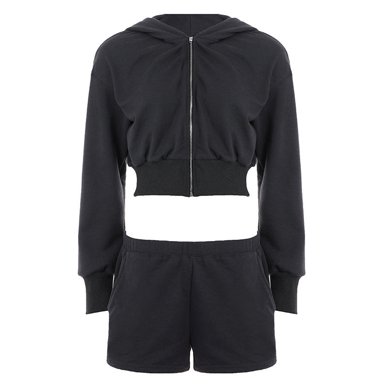 Damen Kurzes Kapuzen-Sweatset mit Reißverschluss, tailliertem Cropped-Hoodie und hochgeschnittenen Relax-Shorts Drune