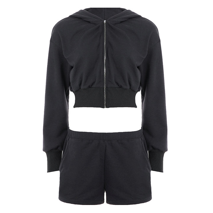 Damen Kurzes Kapuzen-Sweatset mit Reißverschluss, tailliertem Cropped-Hoodie und hochgeschnittenen Relax-Shorts Drune