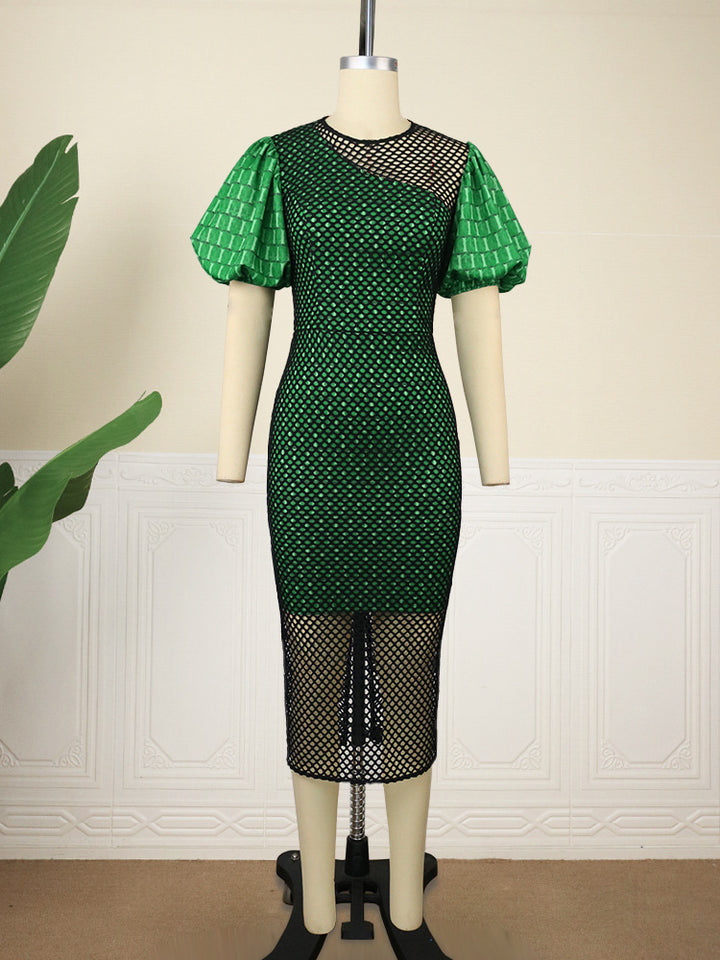 Damen figurbetontes Netzkleid mit Puffärmeln Drune