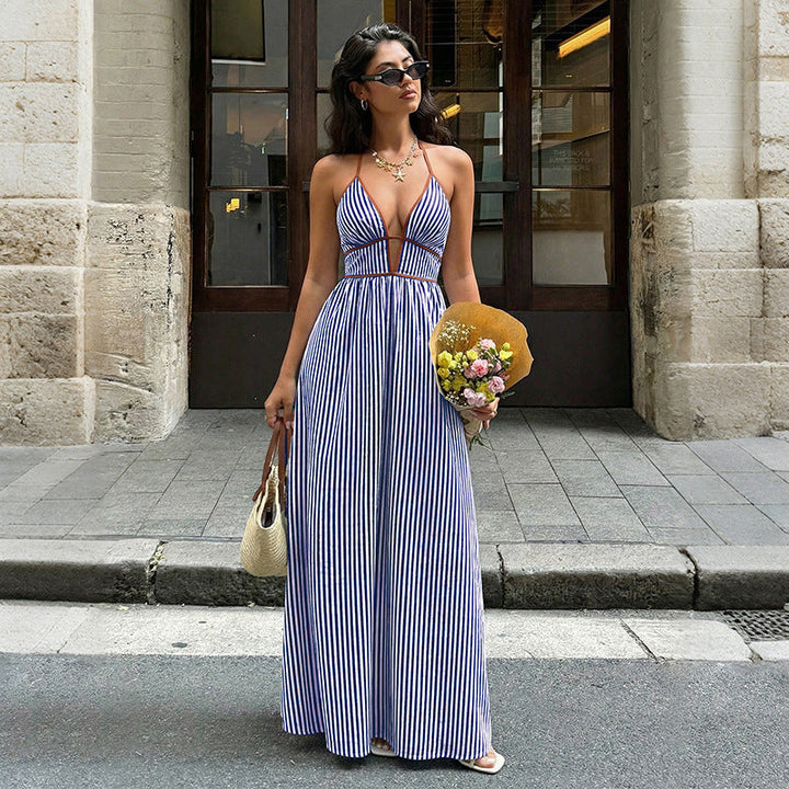 Damen Maxi-Kleid mit tiefem V-Ausschnitt und raffiniertem Streifenmuster Drune
