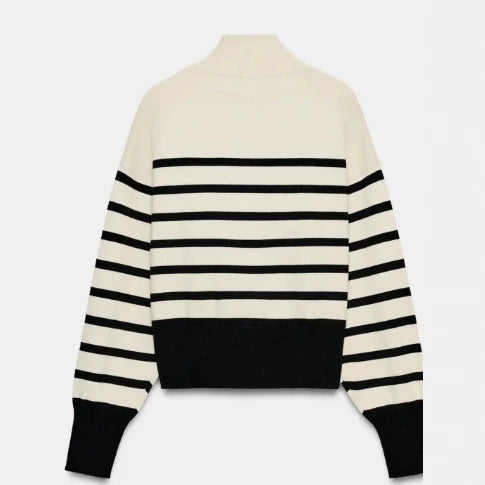Damen Gestreifter Cropped‑Strickpullover mit Stehkragen und voluminösen Ballonärmeln Drune
