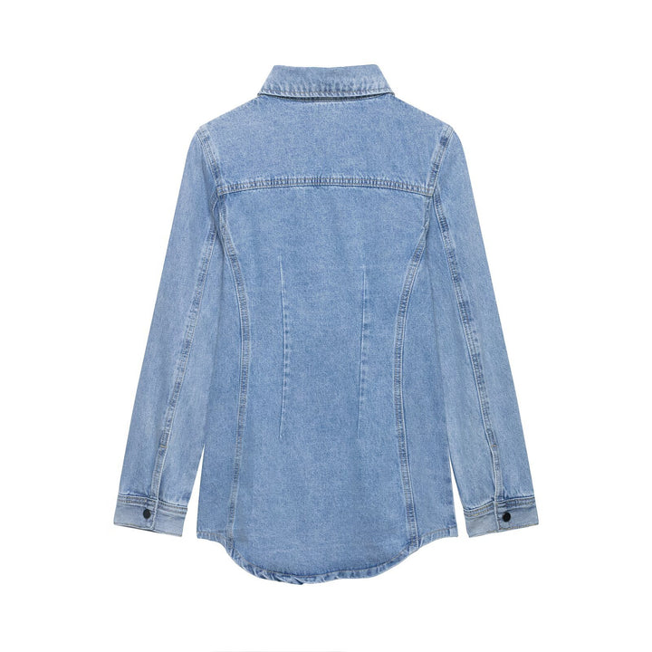 Damen Oversize Denim-Hemdjacke mit taillierten Abnähern und Druckknöpfen Drune