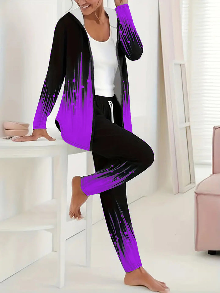 Damen Zweiteiliges Lounge-Set mit Kapuzenjacke und Tunnelzug-Jogginghose mit digitalem Verlaufprint Drune