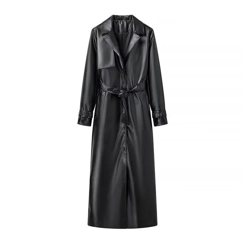 Damen leichte Kunstleder-Trenchjacke mit dekorativem Gürtel und modernen Details Drune