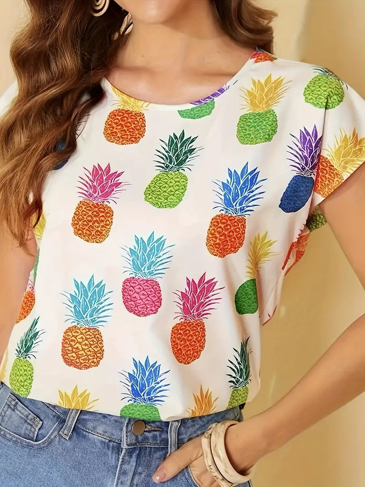 Damen Kurzarm T-Shirt mit lebhaftem Ananasdruck Drune