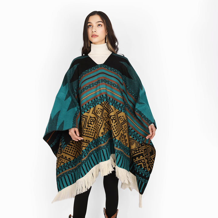 Damen Leichter Jacquard-Poncho mit Ethno-Motiv und Fransensaum Drune