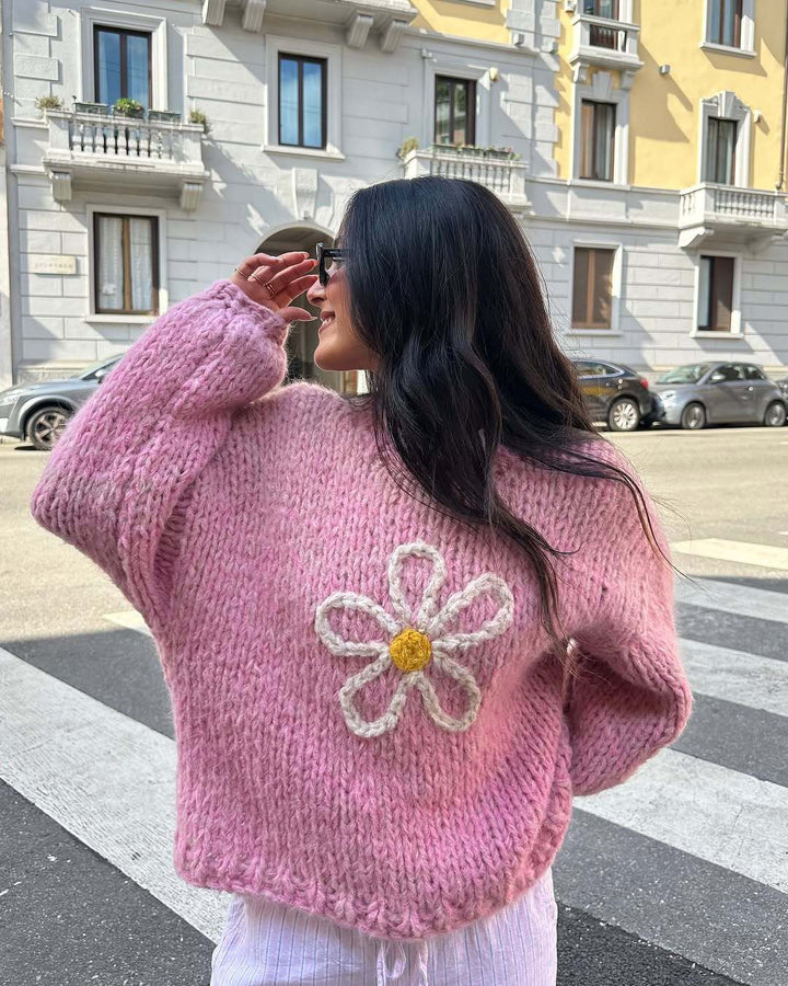Damen lässiger Strickpullover mit floralem Motiv und oversized Schnitt Drune