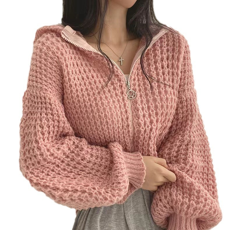 Damen Strickjacke mit lässigem Reißverschluss und voluminösen Ärmeln Drune