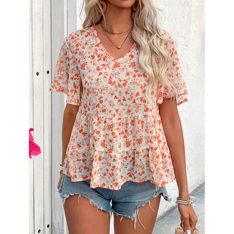 Damen Bluse mit Rüschenschnitt und floralem Muster Drune