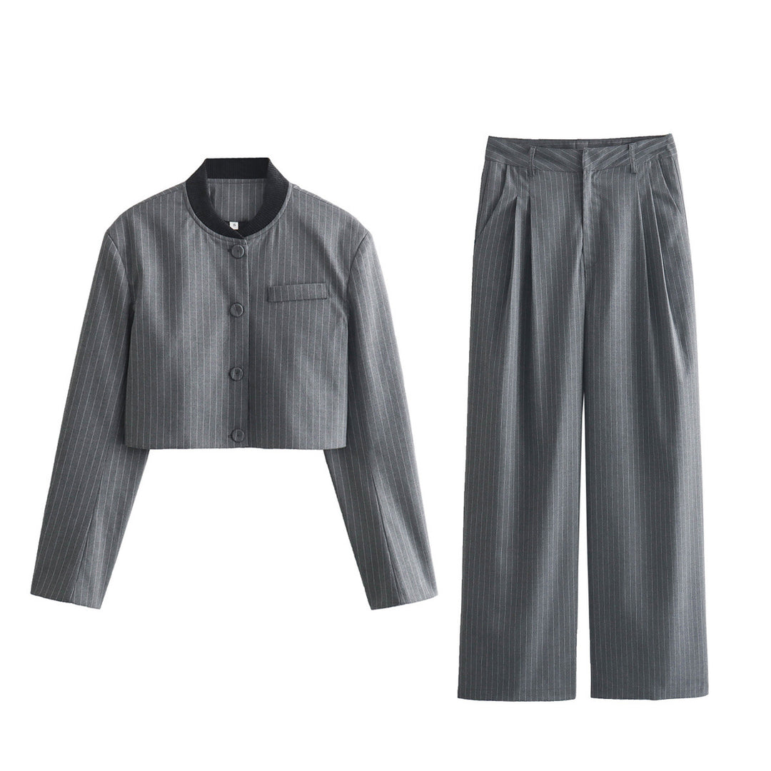 Damen Zweiteiliges Nadelstreifen-Anzugset mit kurzem Knopfblouson und hochtaillierter Faltenhose Drune