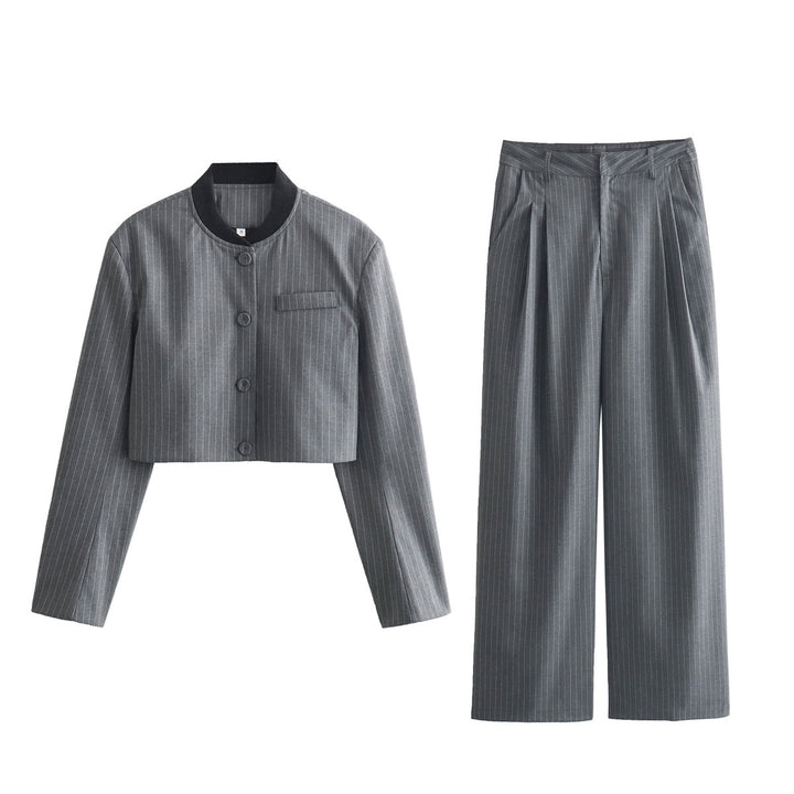 Damen Zweiteiliges Nadelstreifen-Anzugset mit kurzem Knopfblouson und hochtaillierter Faltenhose Drune