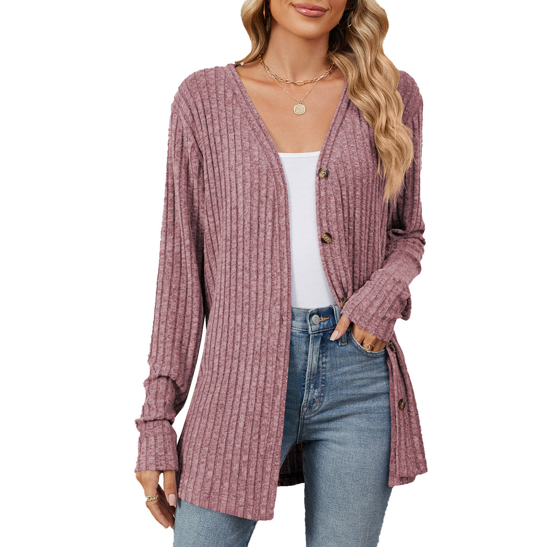 Damen lässige Strickjacke mit feiner Rippstruktur und praktischen Knöpfen Drune