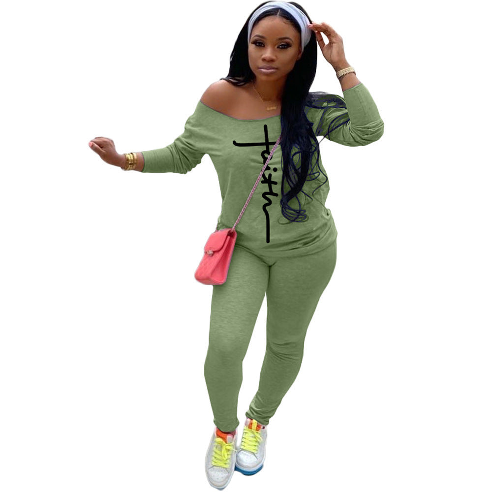 Damen Lässiges Off-Shoulder Zweiteiler-Set mit Figurbetonter Leggings und Oversize-Shirt Drune