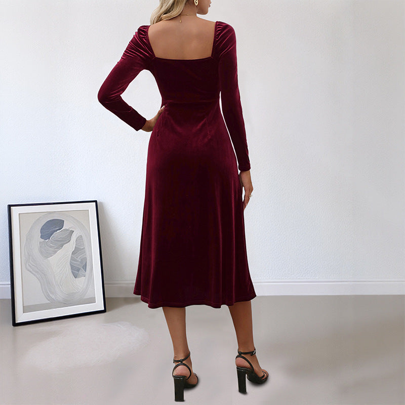 Damen Samt-Midikleid mit herzförmigem Ausschnitt, taillierter Silhouette und Langarm Drune