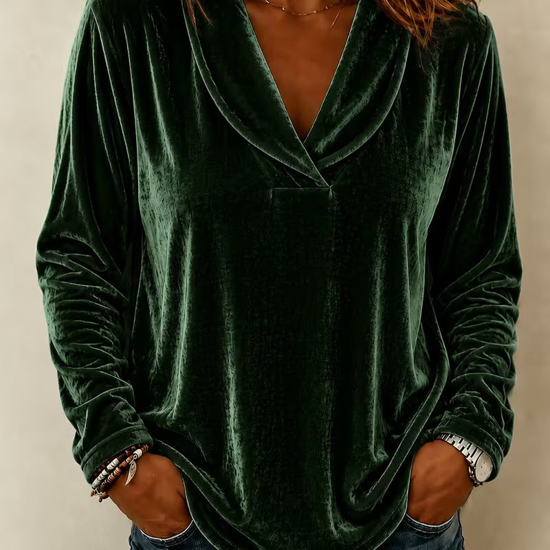 Damen Samt-Longsleeve mit Schalkragen und V-Ausschnitt Drune