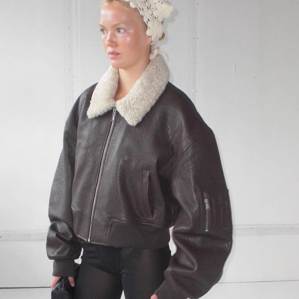 Damen Oversized Fliegerjacke im Biker-Bomber-Stil mit Teddykragen Drune