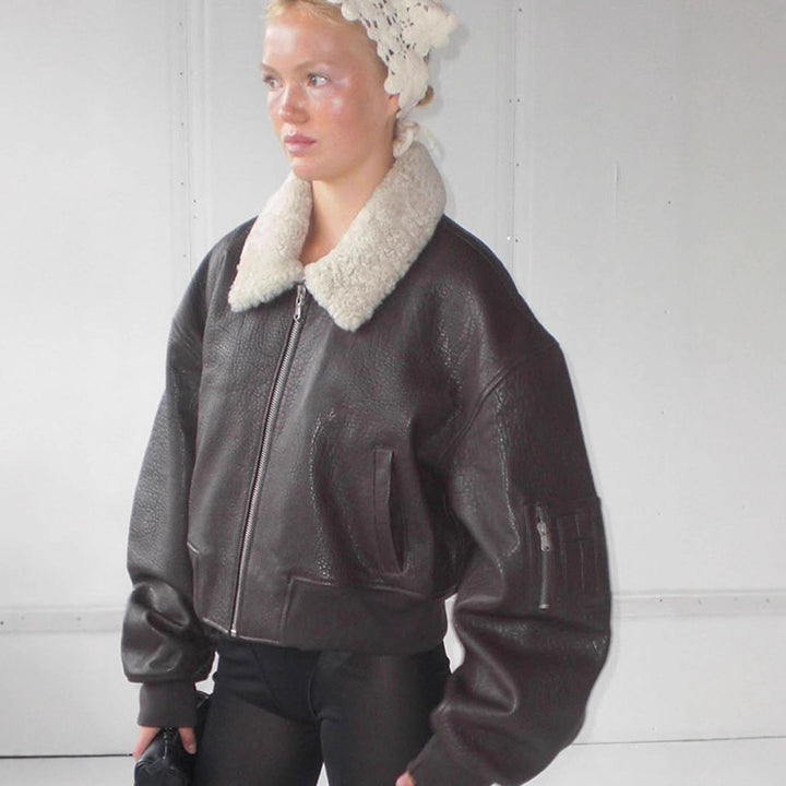 Damen Oversized Fliegerjacke im Biker-Bomber-Stil mit Teddykragen Drune
