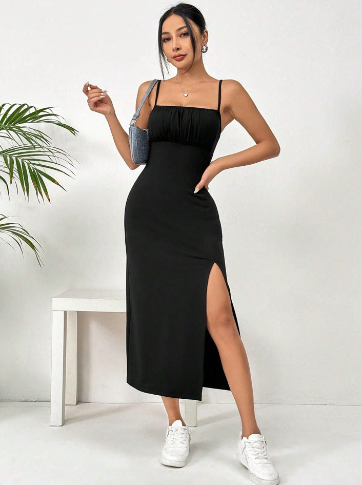 Damen elegantes Midikleid mit schmalem Schnitt und Schlitz Drune