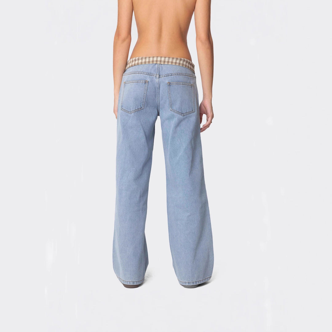 Damen nan weite Schlagjeans mit umgeschlagenem Karobund und klassischem Five-Pocket-Schnitt Drune