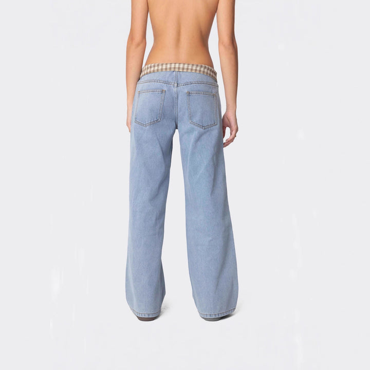 Damen nan weite Schlagjeans mit umgeschlagenem Karobund und klassischem Five-Pocket-Schnitt Drune