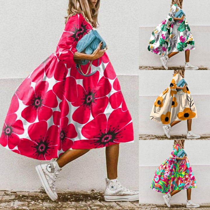 Damen nan leichtes Baumwoll-Swingkleid mit großem Blumenprint, 3/4-Ballonärmeln und geraffter Taille Drune