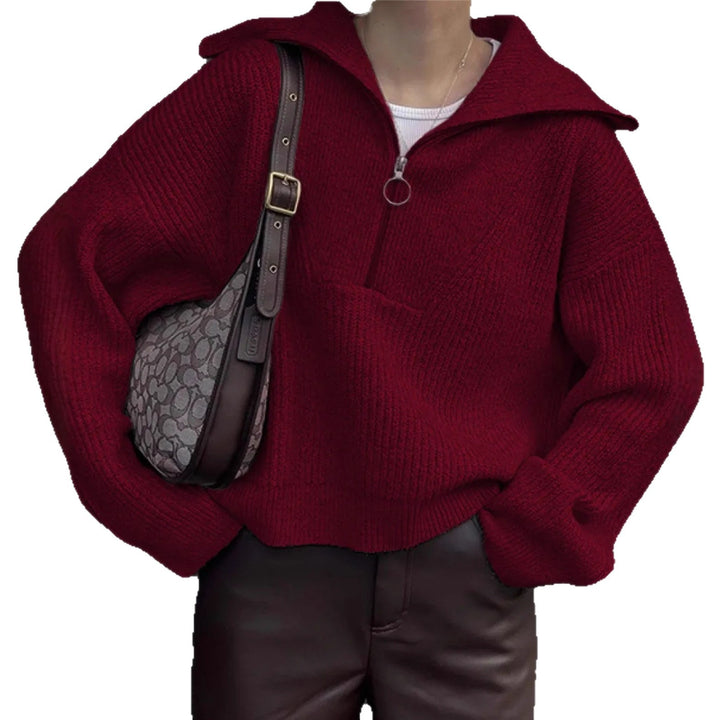 Damen modischer Strickpullover mit hohem Kragen und Reißverschluss Drune