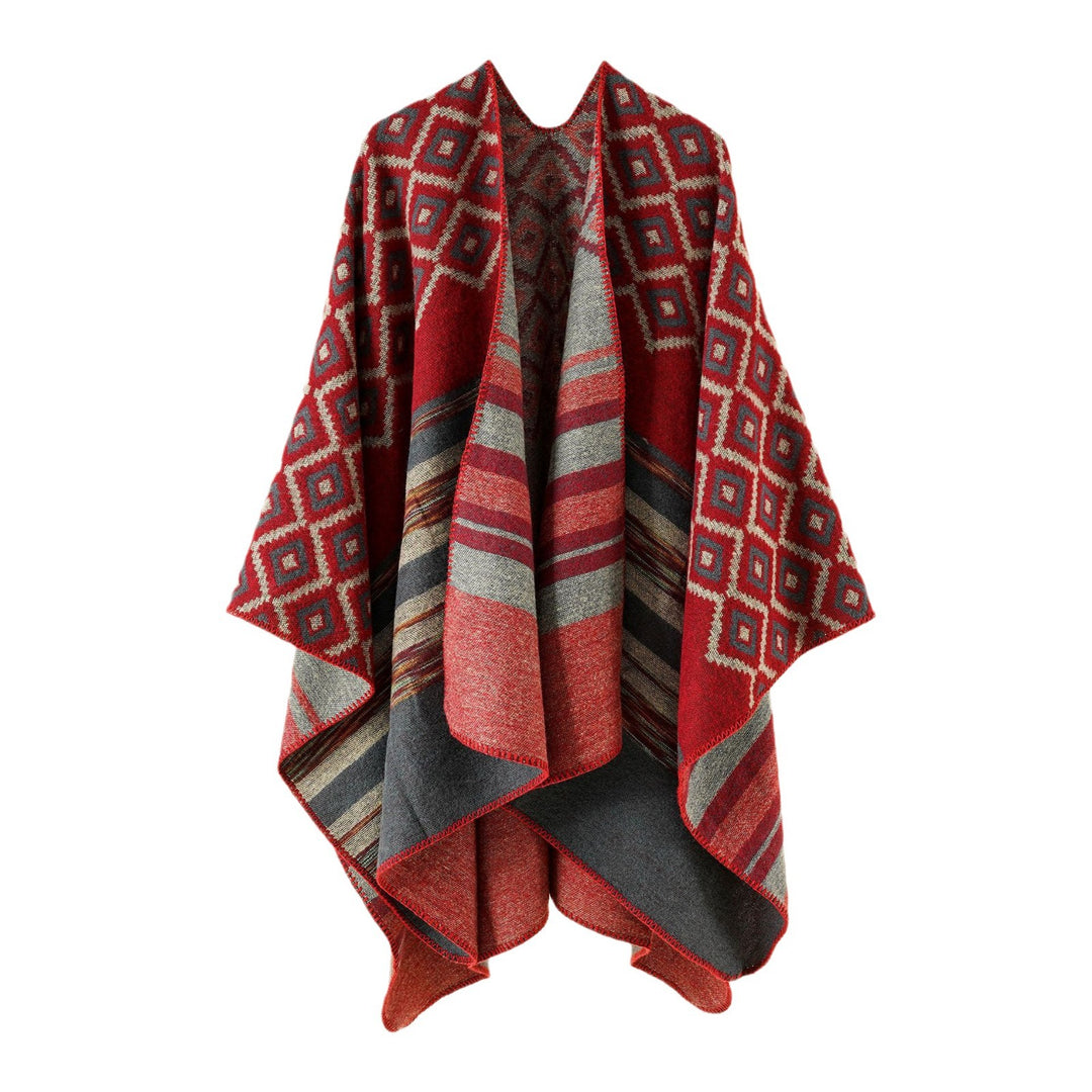 Damen Wende-Serape-Poncho im Jacquard‑Web mit geometrischem Quadratmuster Drune