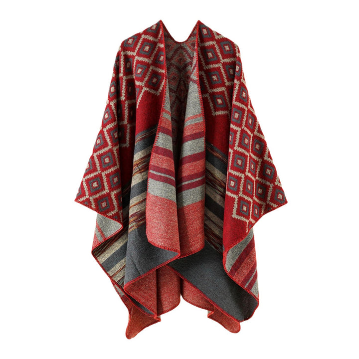 Damen Wende-Serape-Poncho im Jacquard‑Web mit geometrischem Quadratmuster Drune