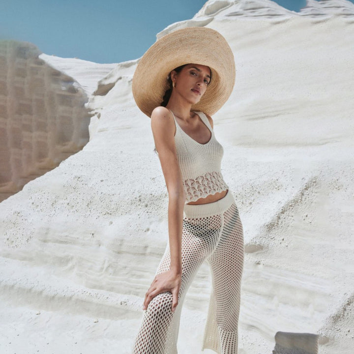 Damen luftiges Cropped-Häkeloberteil und Hochtaillierte Netzhose Drune