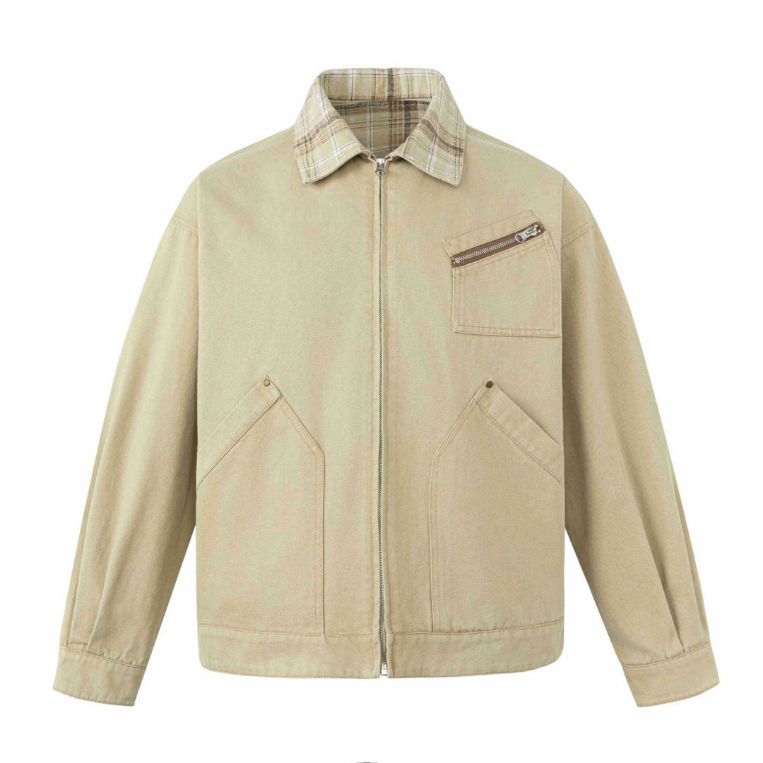 Herren Kurz geschnittener Canvas-Workwear-Blouson mit Karokragen und Zip-Brusttasche Drune