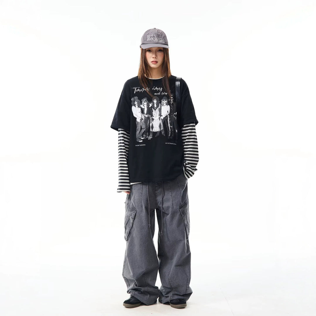 Damen Lässiges Oversized T-Shirt mit gestreiften Ärmeln Drune