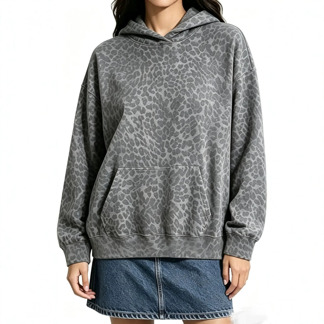 Damen Oversize-Kapuzenpullover mit Leomuster, Kängurutasche und überschnittener Schulter Drune