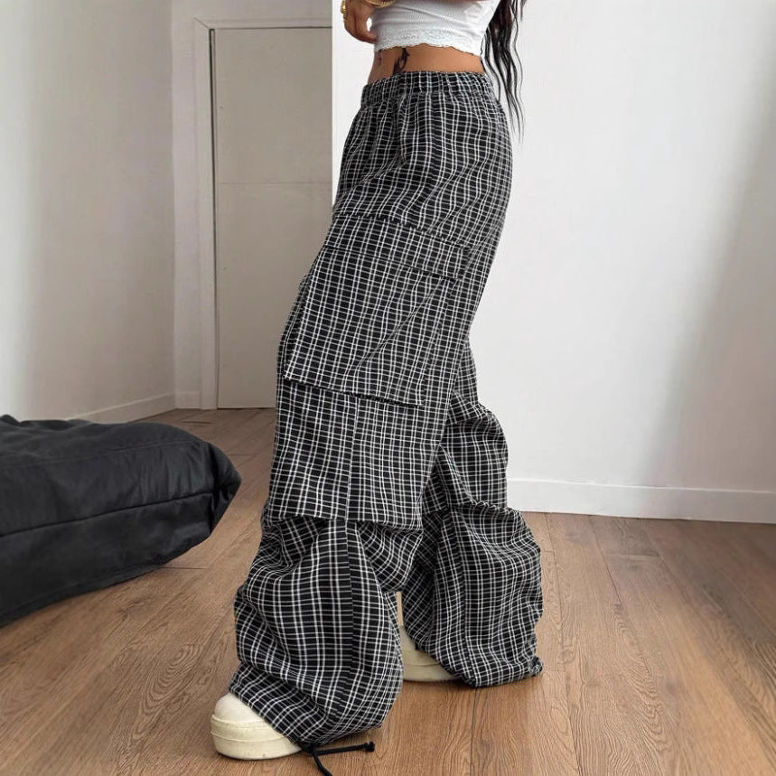 Damen Karierte Cargo-Hose mit niedrigem Schritt und praktischen Taschen Drune