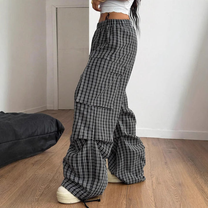 Damen Karierte Cargo-Hose mit niedrigem Schritt und praktischen Taschen Drune