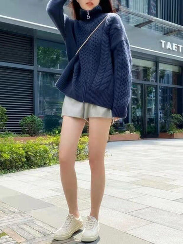 Damen Zopfmuster‑Strickjacke mit Reißverschluss und hohem Rippkragen Drune