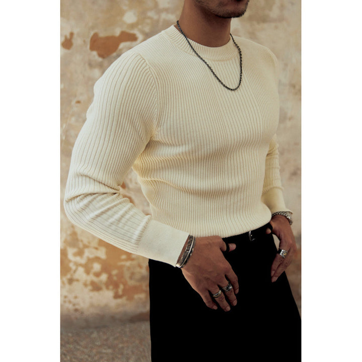Herren Figurbetonter Rippstrick-Pullover mit Rundhalsausschnitt Drune