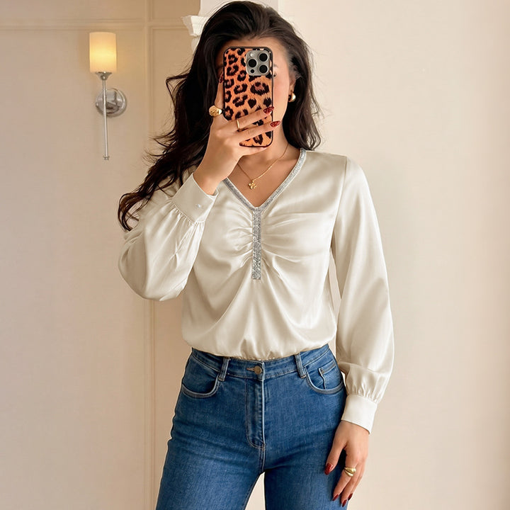Damen Elegantes Blusenshirt mit Rüschendetails und Strassakzenten Drune