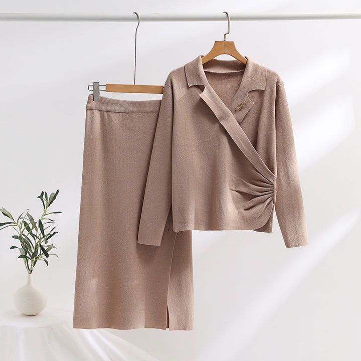 Damen elegantes Strickensemble mit Wickeloberteil und raffinierter hoher Taillierung Drune