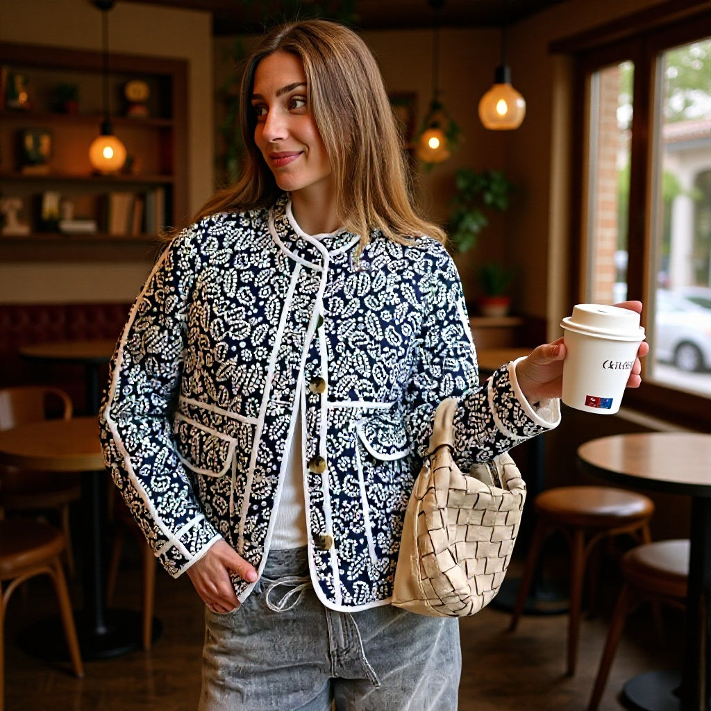 Damen gesteppte Übergangsjacke mit Stehkragen, Paisley‑Print und Kontrastpaspel Drune