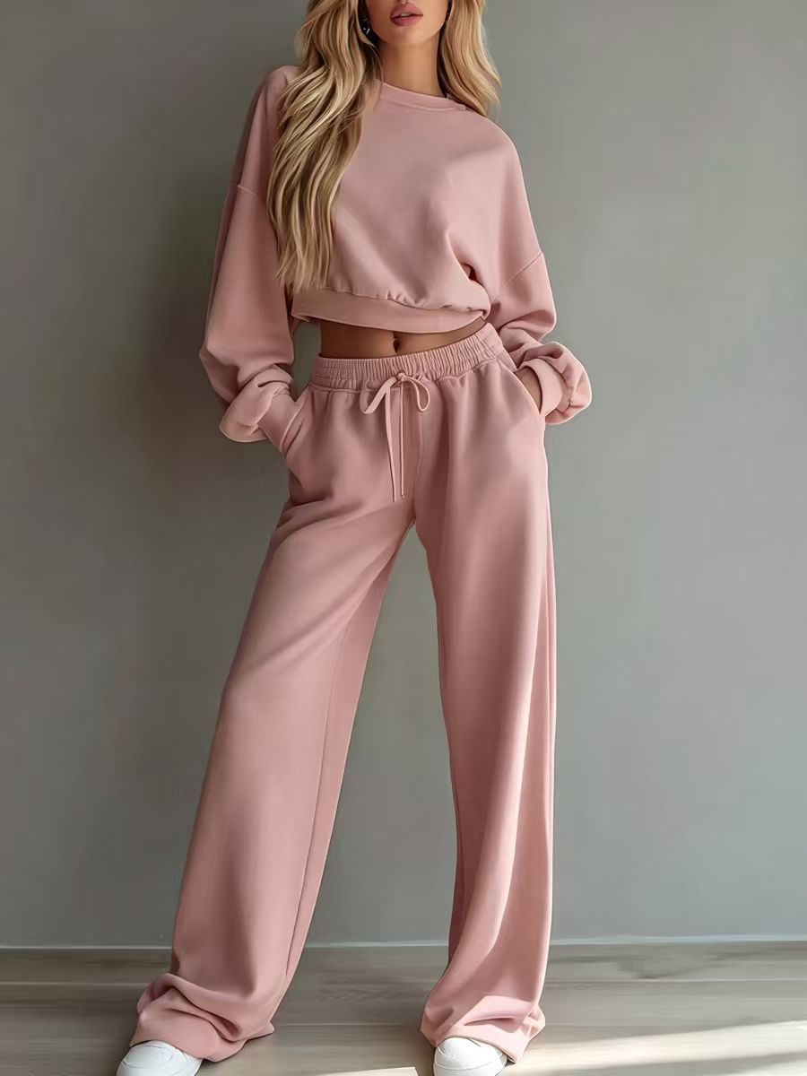 Damen Weiches Lounge-Set mit kurzem Sweatshirt und weiter Jogginghose Drune